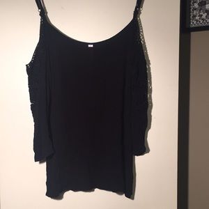 Black Open Shoulder Top with crochet on sleeves